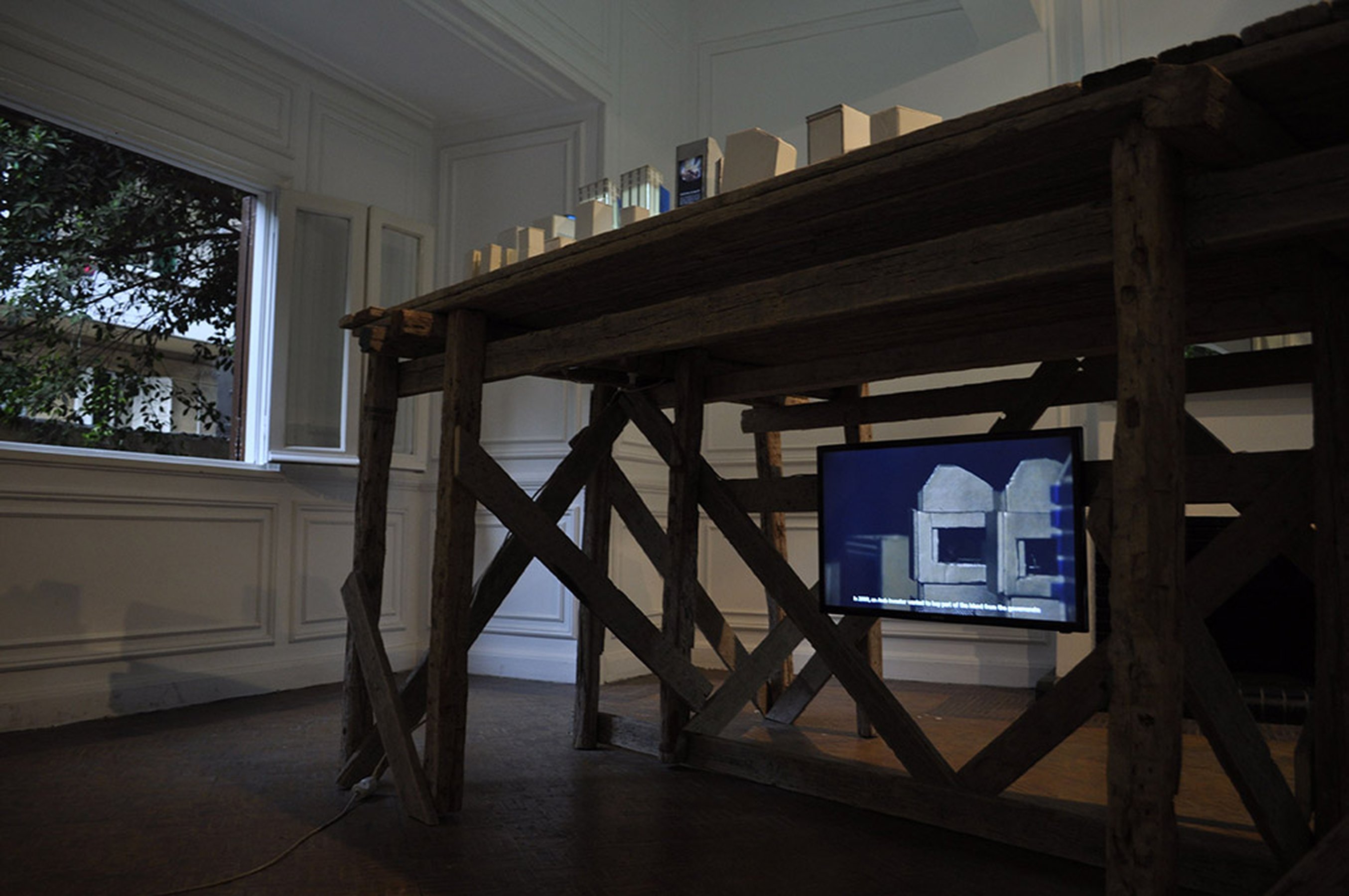 White Paper: the land, 2014 architectural model and video 175 × 265 × 125 cm; installation view at Casco, Beirut, 2014