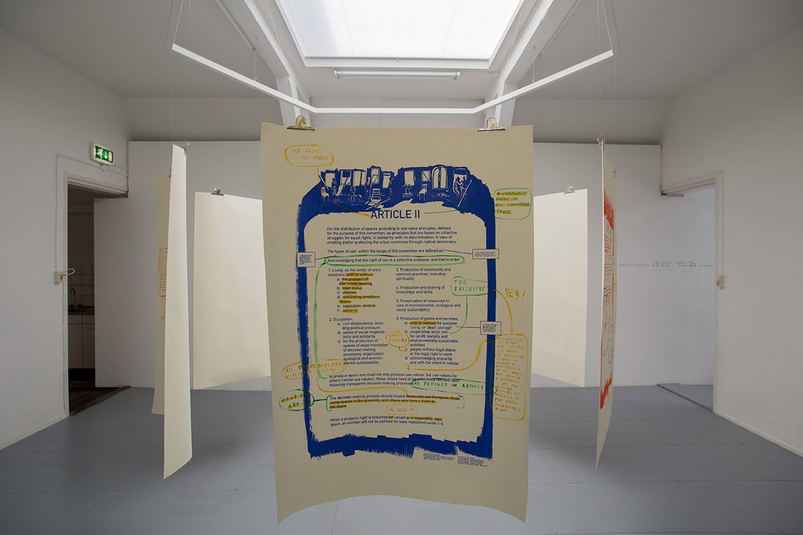 White paper: The Law, 2015 6 screen-printed posters with hand-written notes and corrections 100 × 140 cm; each ; installation view at Casco 2015