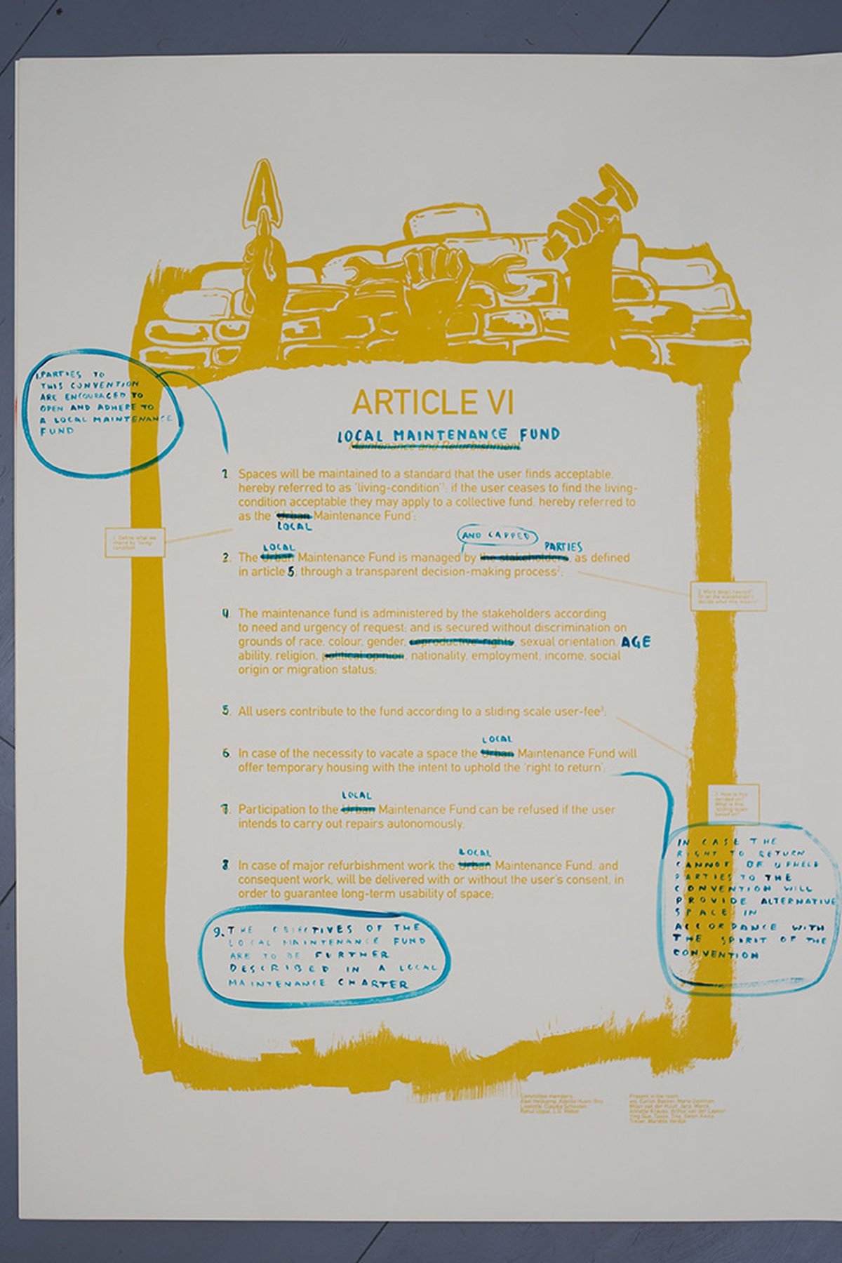 White paper: The Law, 2015 6 screen-printed posters with hand-written notes and corrections 100 × 140 cm; each ; installation view at Casco 2015