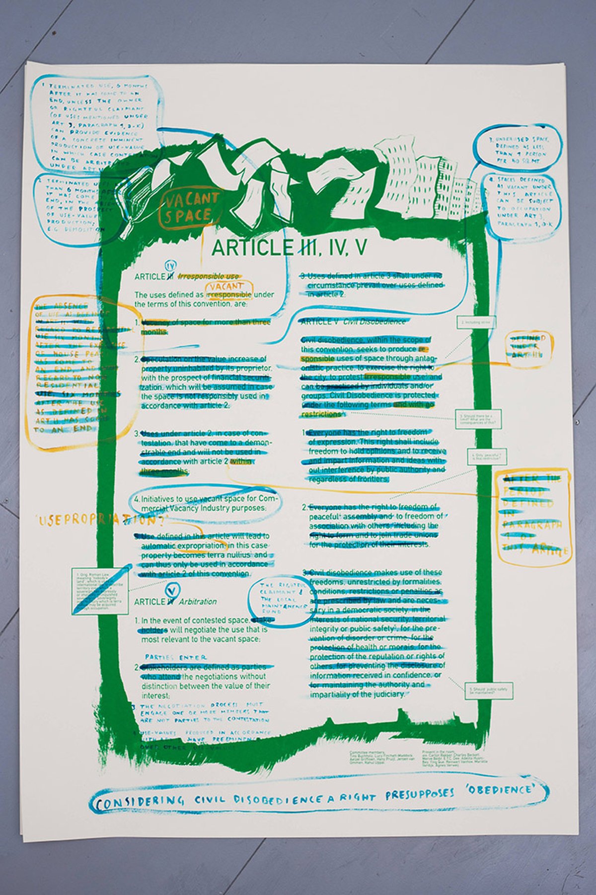 White paper: The Law, 2015 6 screen-printed posters with hand-written notes and corrections 100 × 140 cm; each ; installation view at Casco 2015